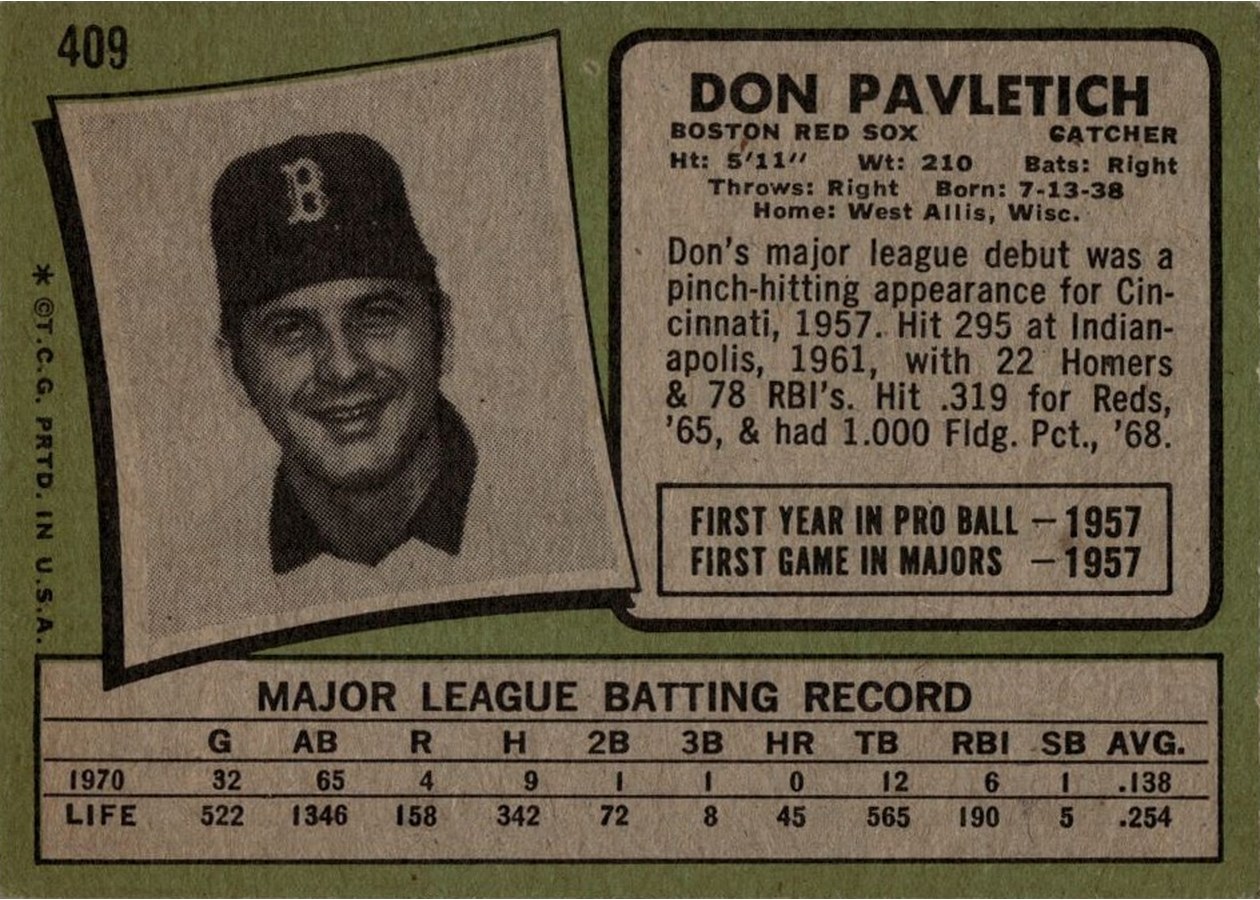 1971 Topps #409 Don Pavletich card back
