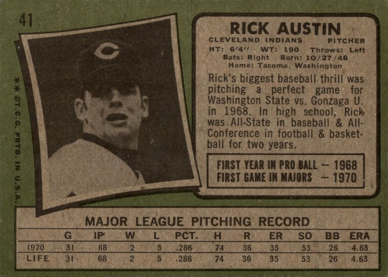 1971 Topps #41 Rick Austin card back