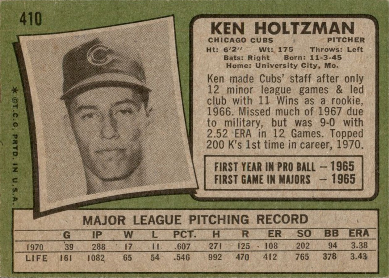 1971 Topps #410 Ken Holtzman card back