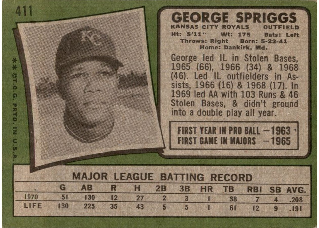 1971 Topps #411 George Spriggs card back