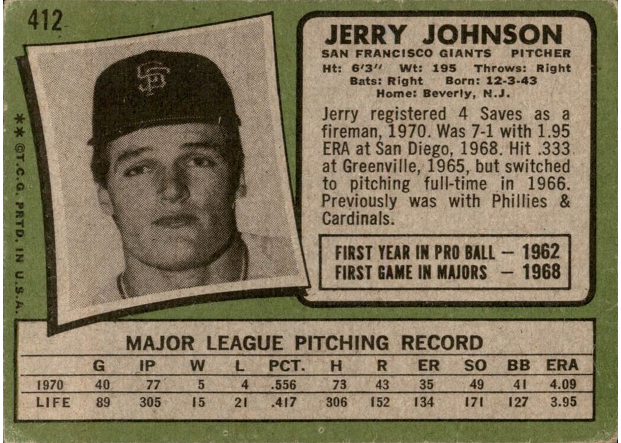 1971 Topps #412 Jerry Johnson card back