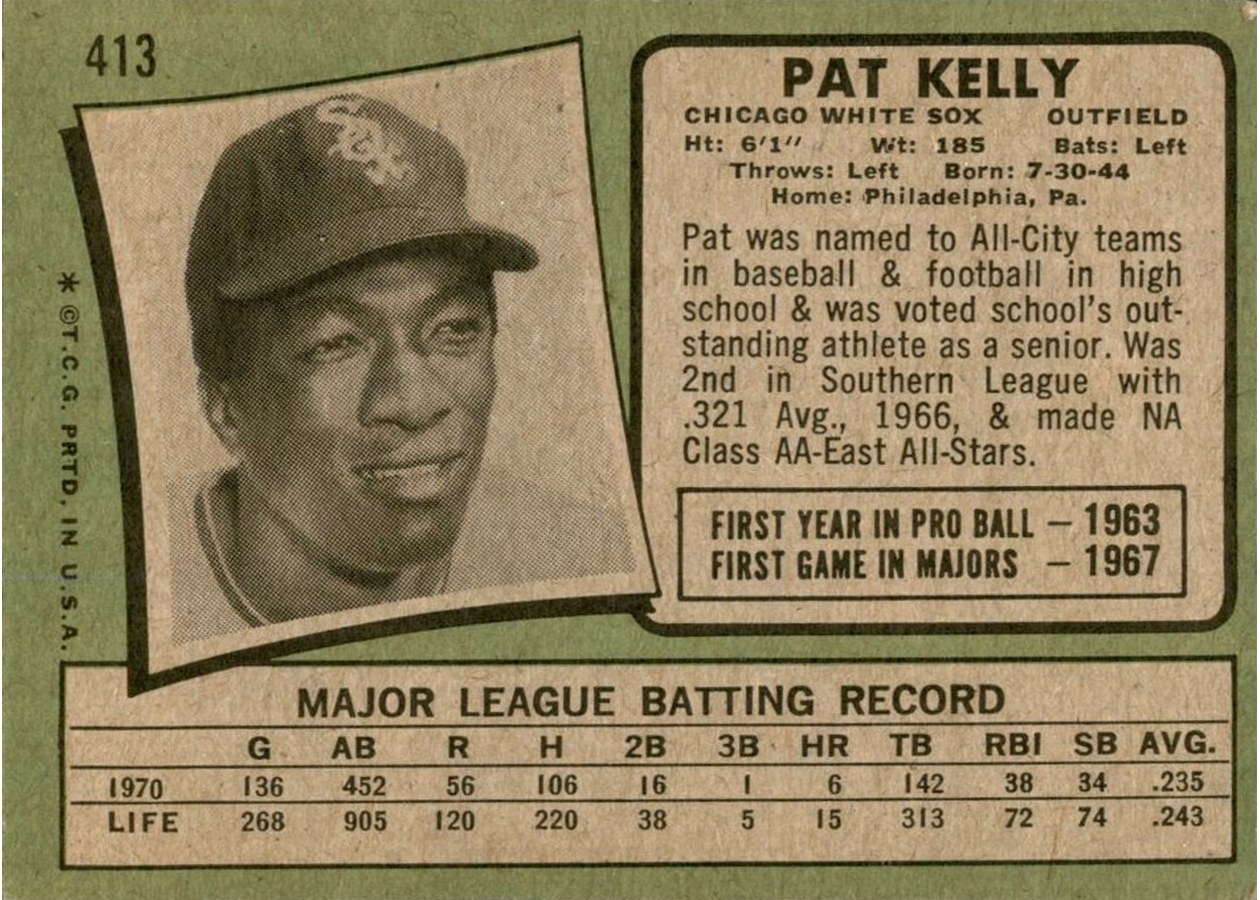 1971 Topps #413 Pat Kelly card back