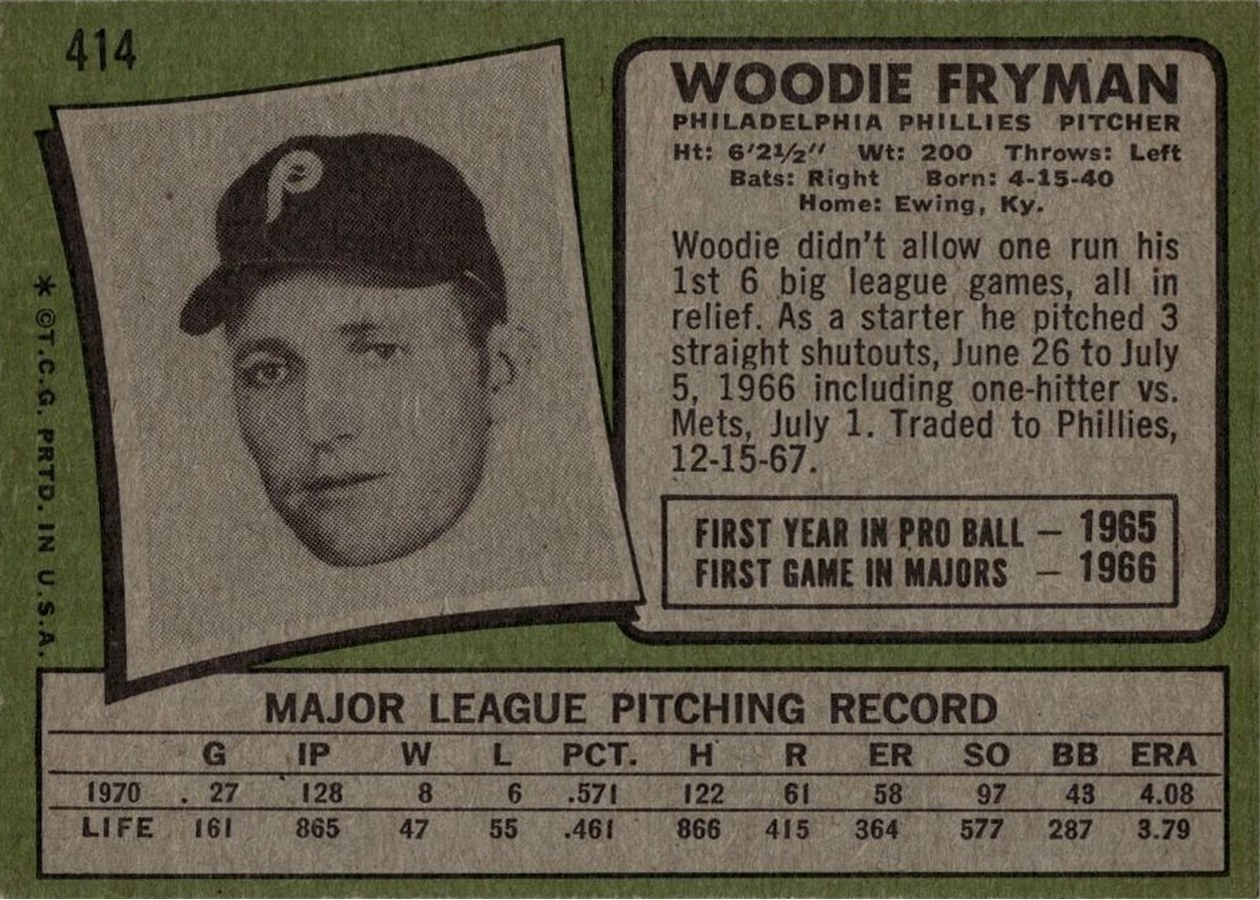 1971 Topps #414 Woodie Fryman card back
