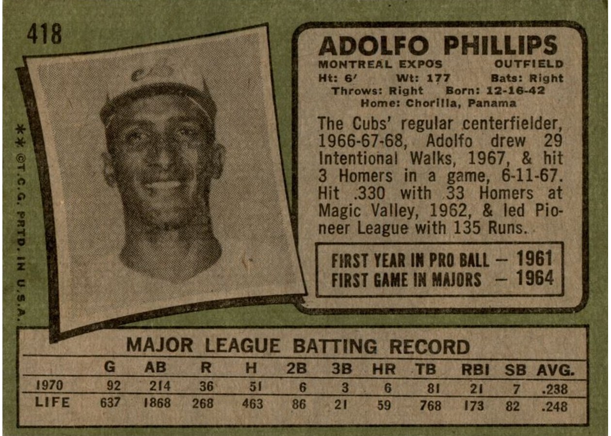 1971 Topps #418 Adolfo Phillips card back