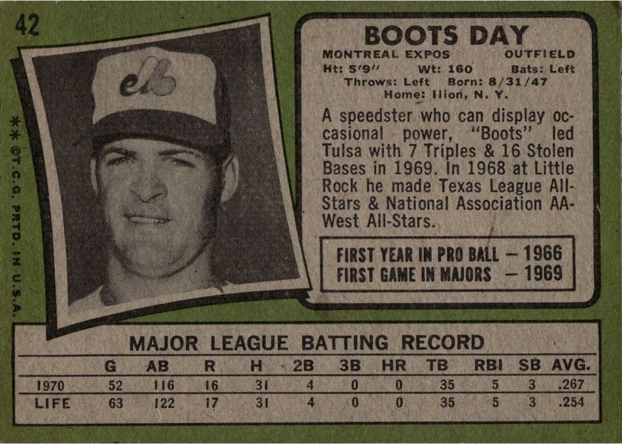 1971 Topps #42 Boots Day card back