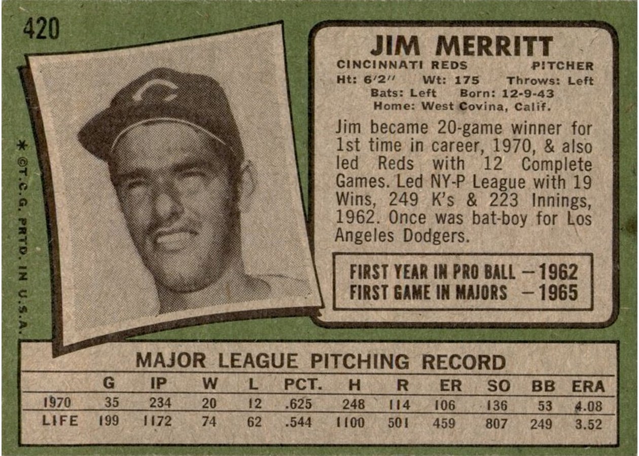 1971 Topps #420 Jim Merritt card back