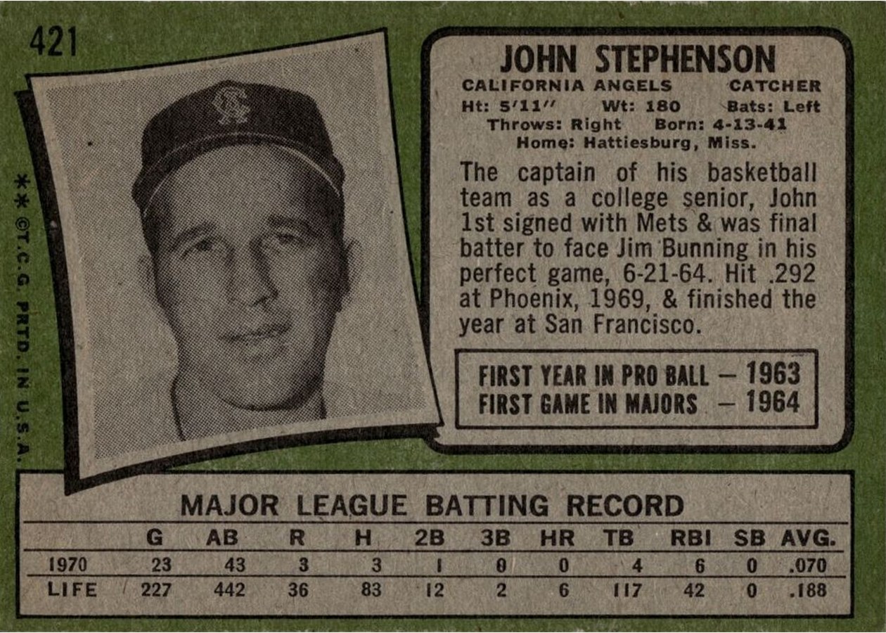 1971 Topps #421 John Stephenson card back