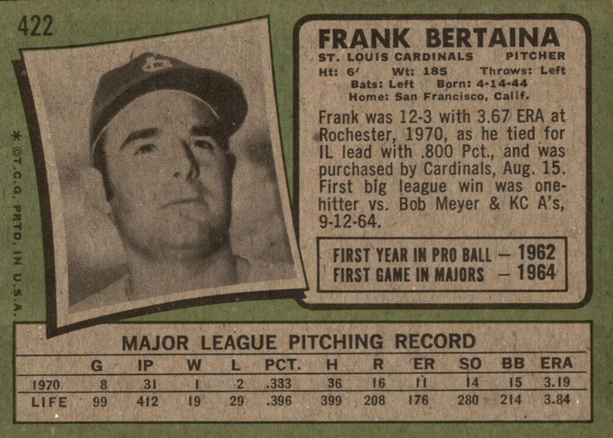1971 Topps #422 Frank Bertaina card back