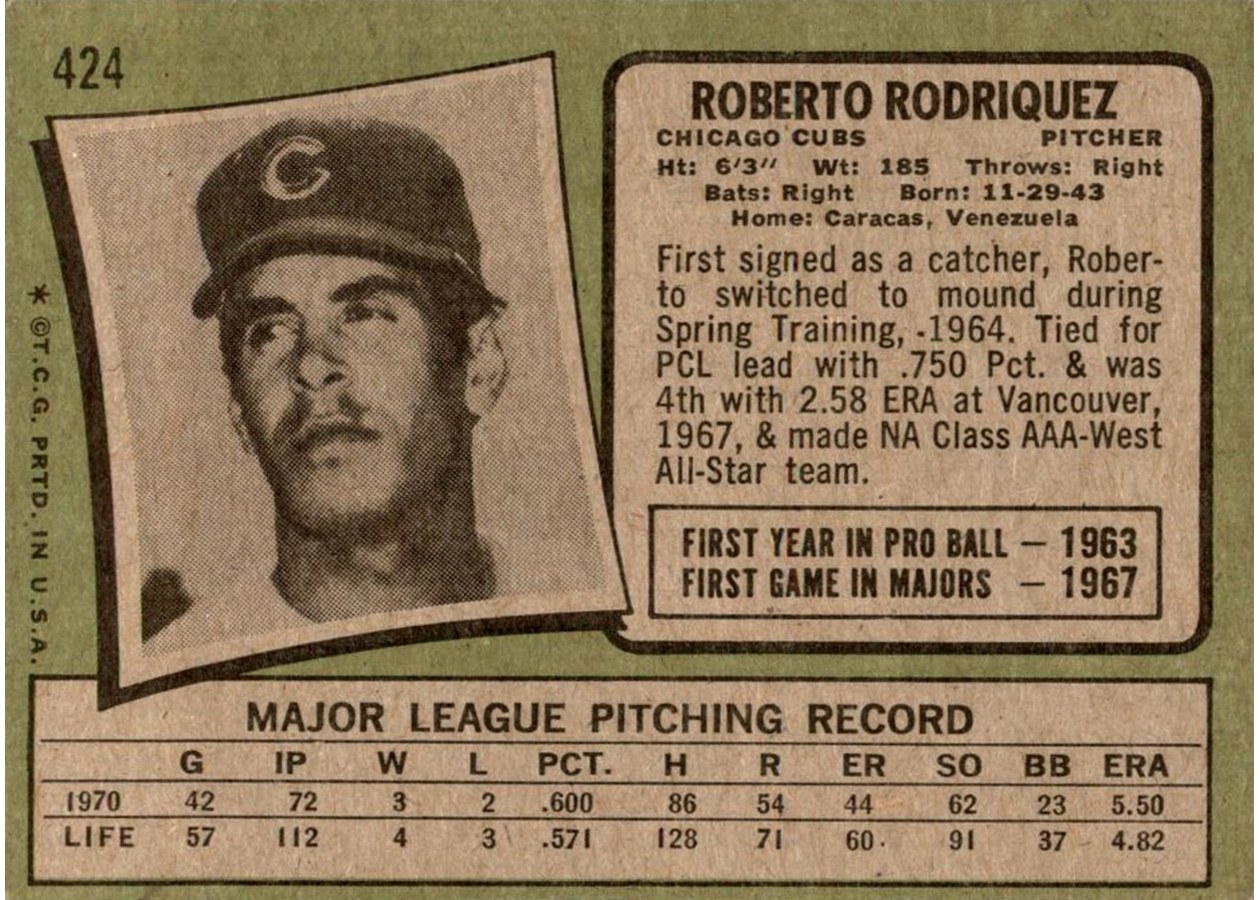 1971 Topps #424 Roberto Rodriguez card back