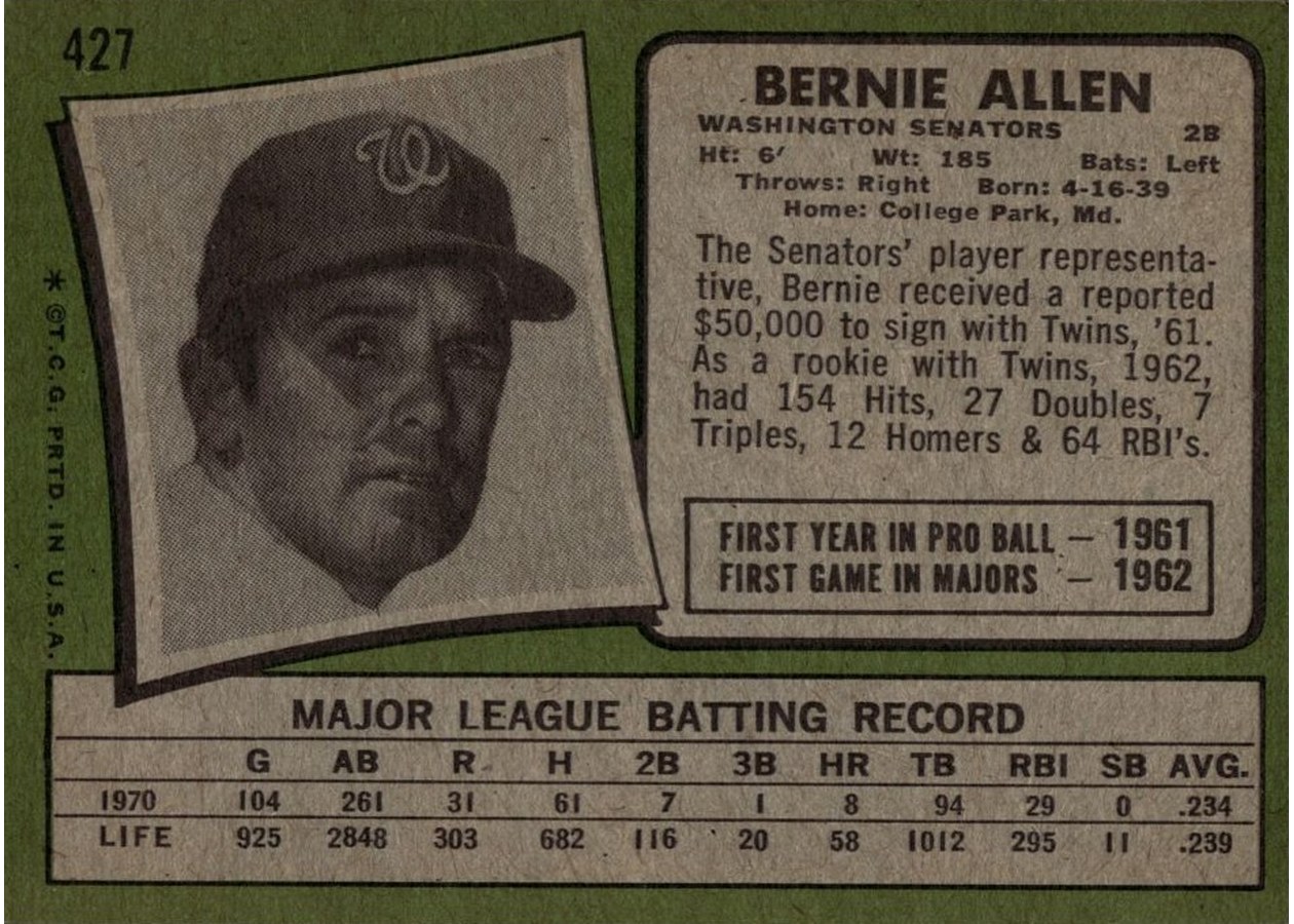 1971 Topps #427 Bernie Allen card back