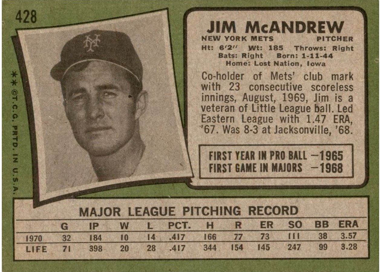1971 Topps #428 Jim McAndrew card back