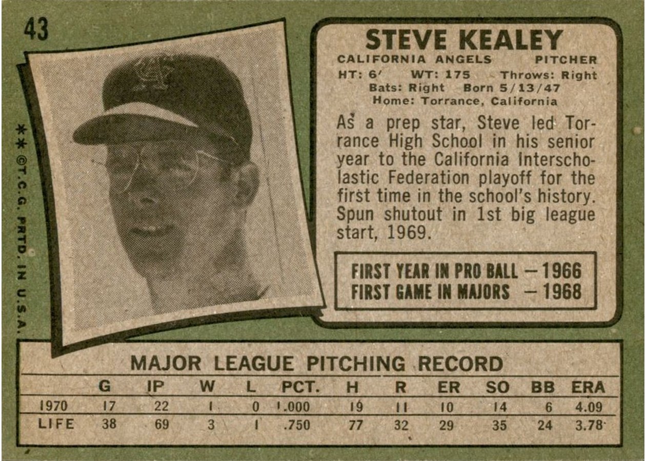 1971 Topps #43 Steve Kealey card back