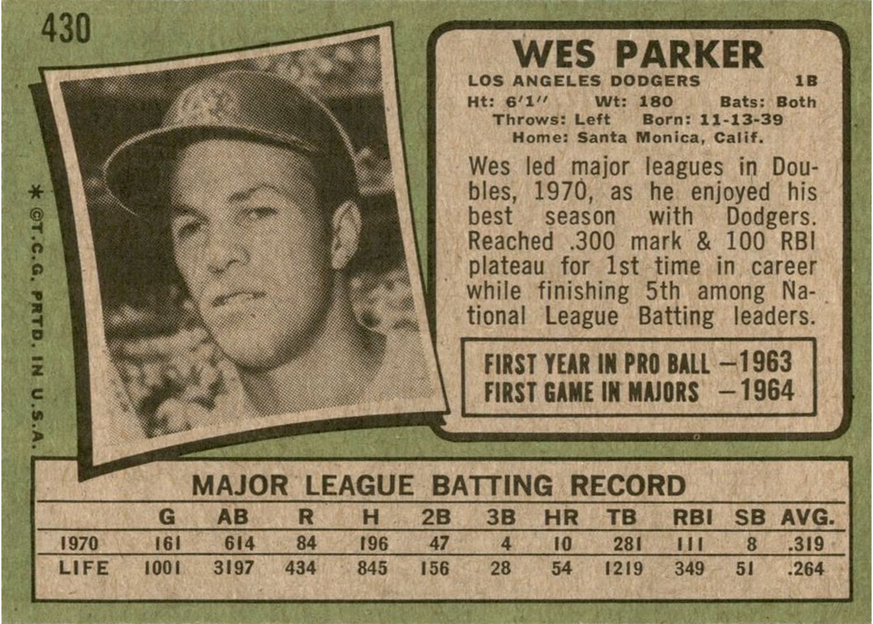 1971 Topps #430 Wes Parker card back