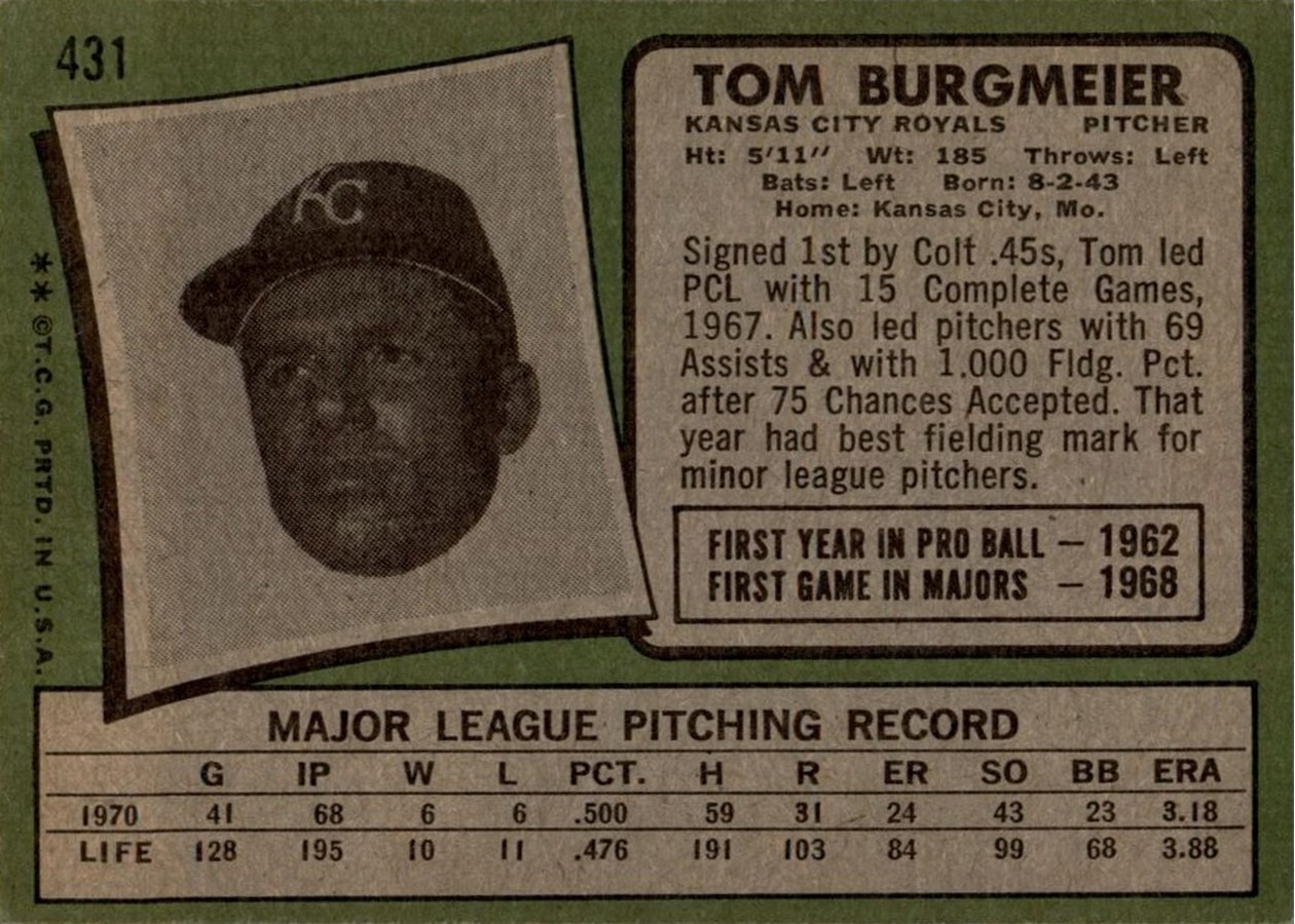 1971 Topps #431 Tom Burgmeier card back