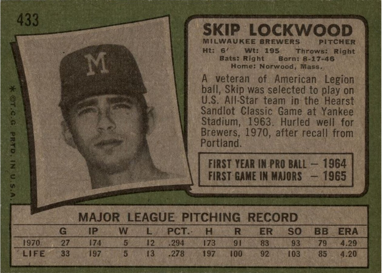 1971 Topps #433 Skip Lockwood card back