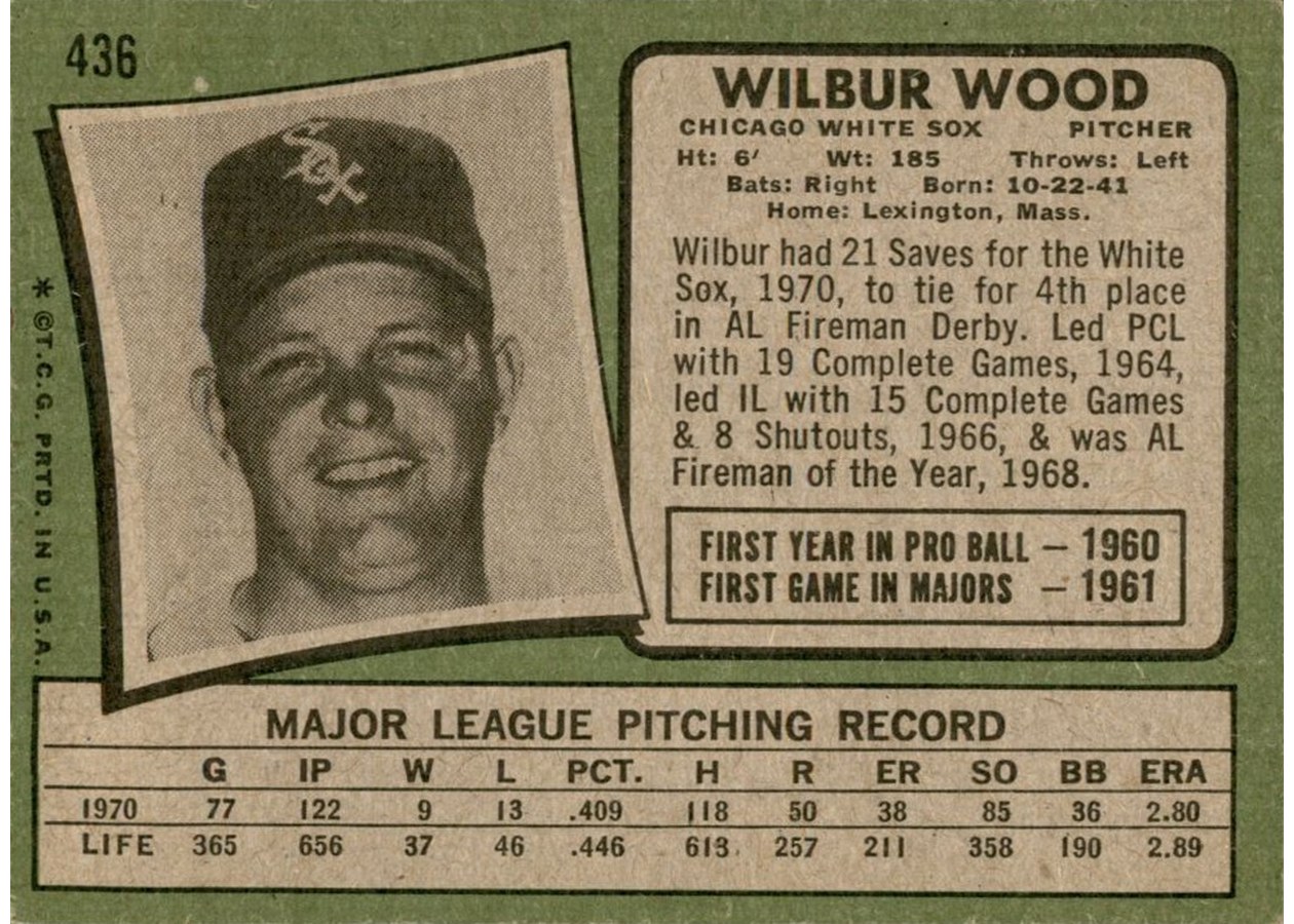 1971 Topps #436 Wilbur Wood card back