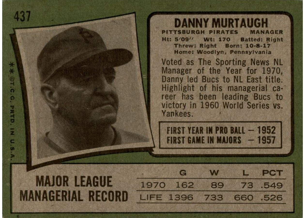 1971 Topps #437 Danny Murtaugh card back