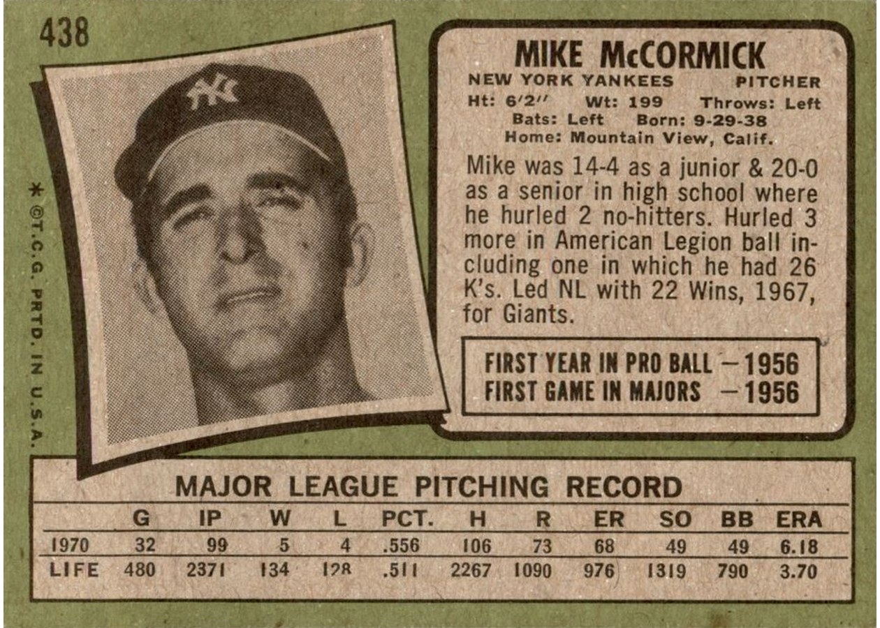 1971 Topps #438 Mike McCormick card back