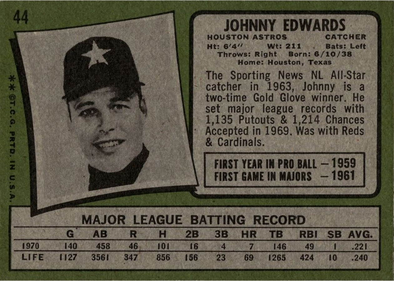 1971 Topps #44 Johnny Edwards card back