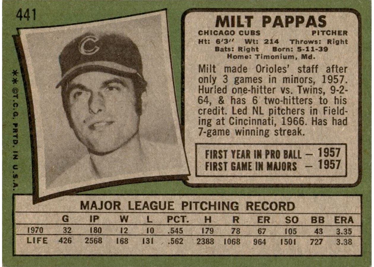 1971 Topps #441 Milt Pappas card back