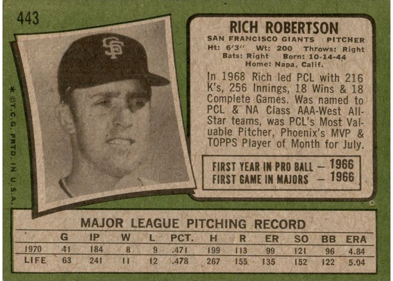 1971 Topps #443 Rich Robertson card back