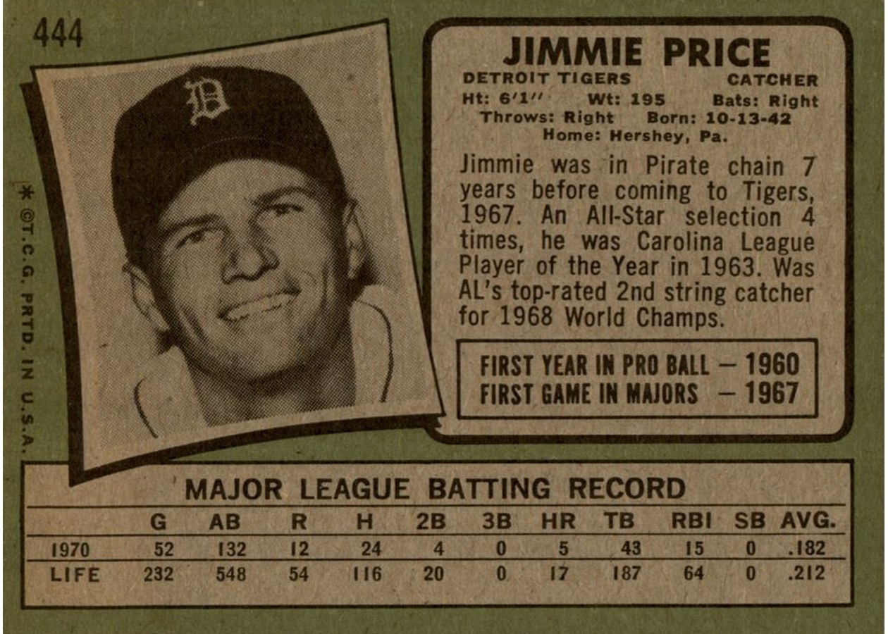 1971 Topps #444 Jimmie Price card back
