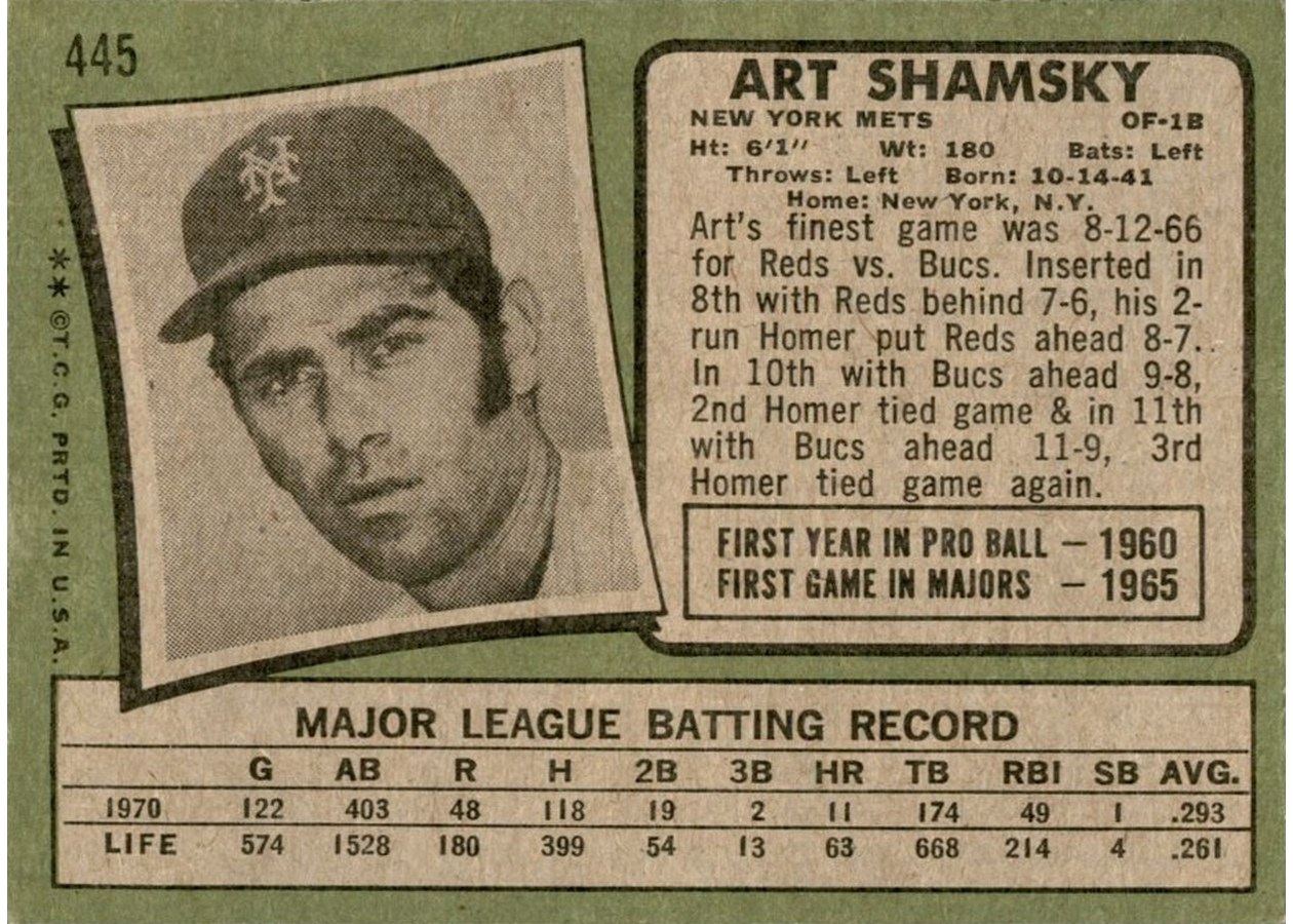 1971 Topps #445 Art Shamsky card back