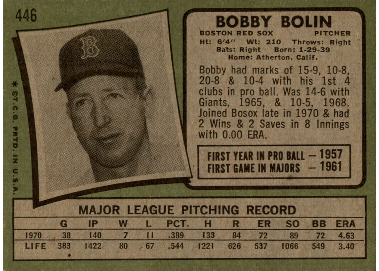 1971 Topps #446 Bobby Bolin card back
