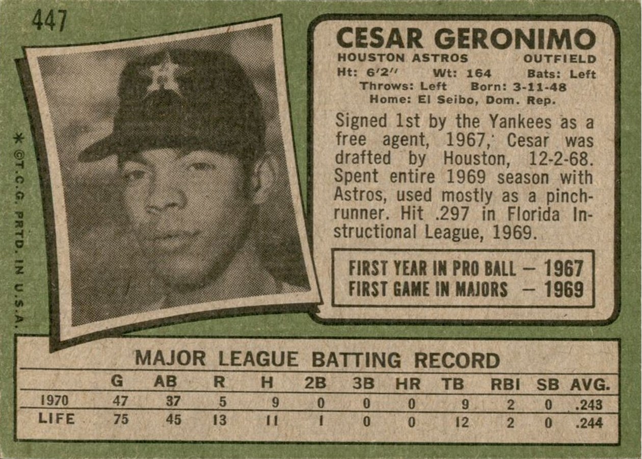 1971 Topps #447 Cesar Geronimo card back