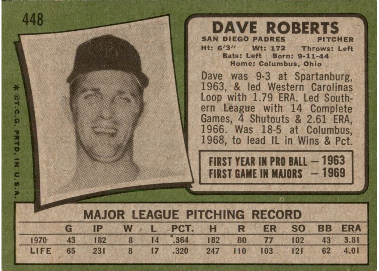 1971 Topps #448 Dave Roberts card back