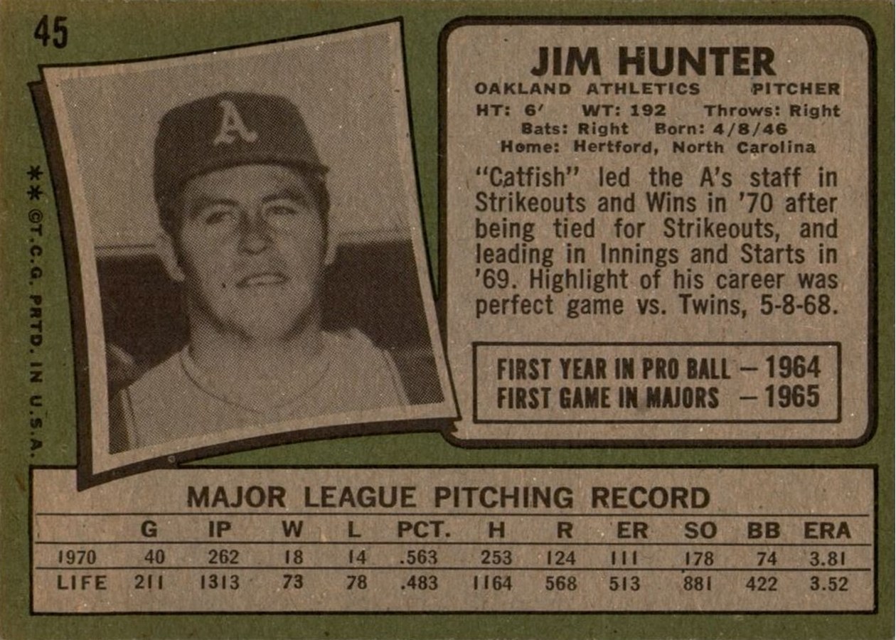 1971 Topps #45 Jim Hunter card back