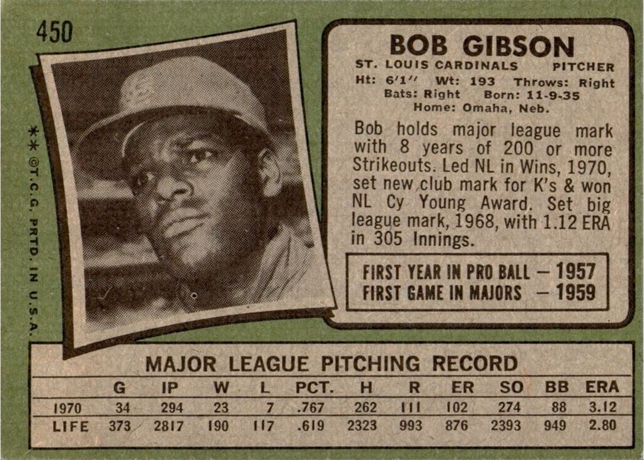 1971 Topps #450 Bob Gibson card back
