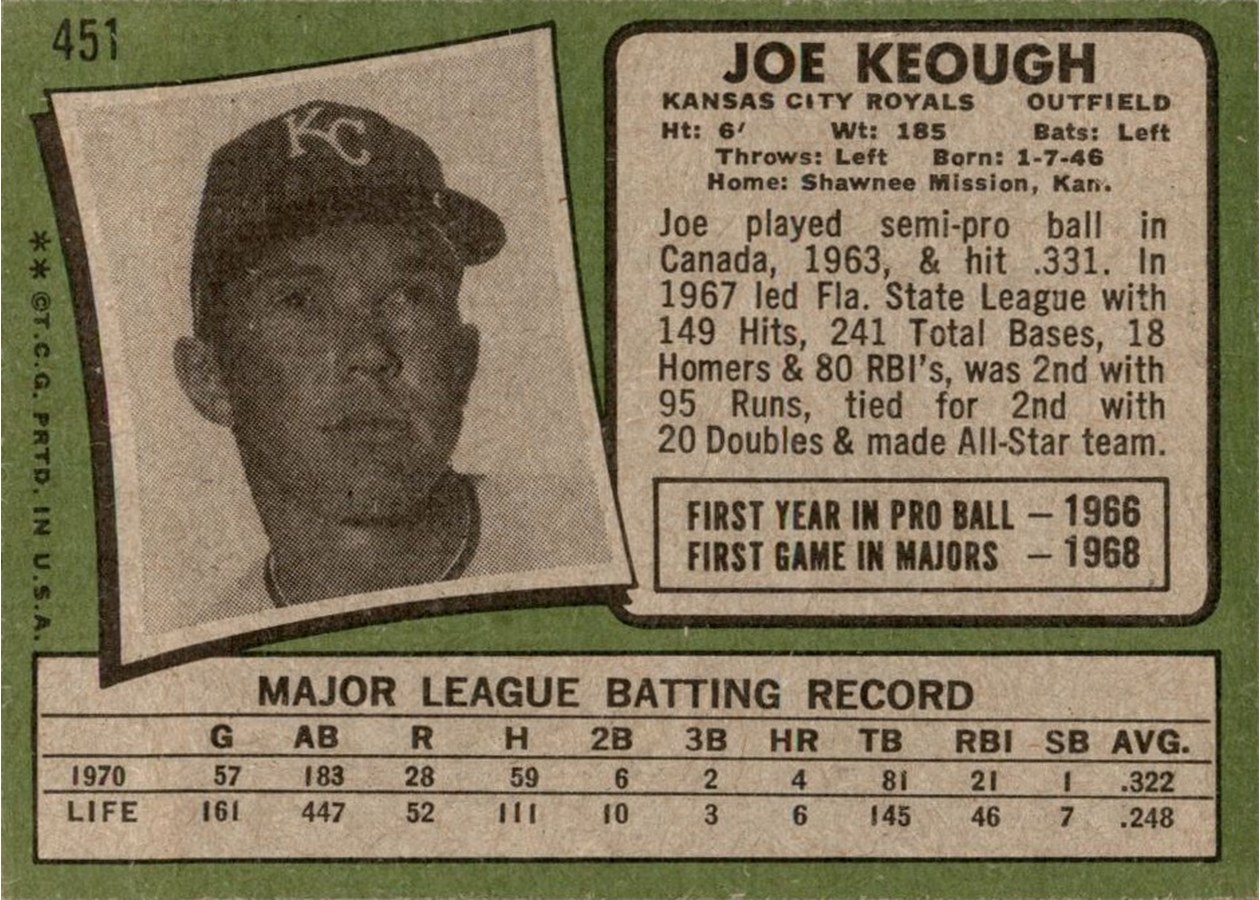 1971 Topps #451 Joe Keough card back