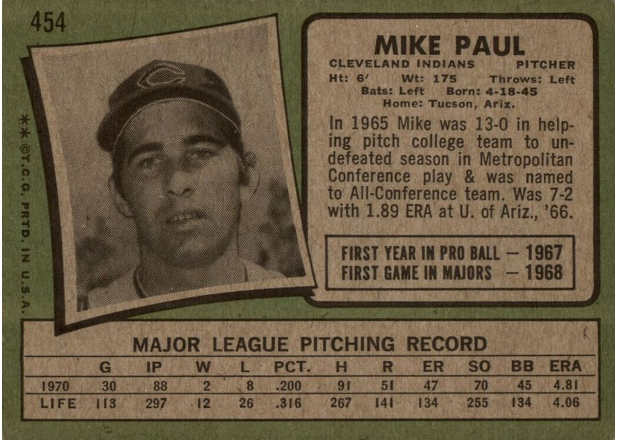 1971 Topps #454 Mike Paul card back