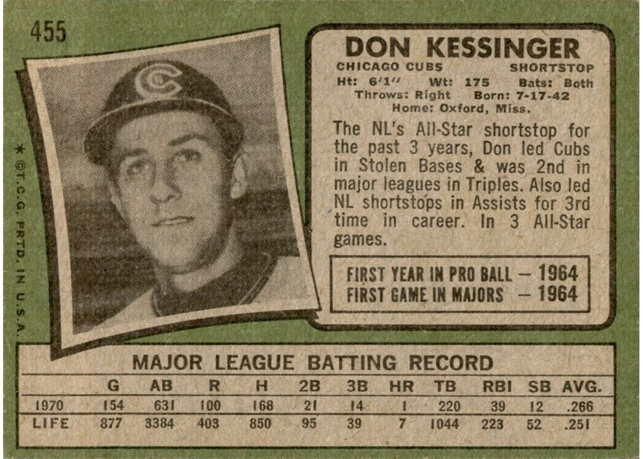 1971 Topps #455 Don Kessinger card back