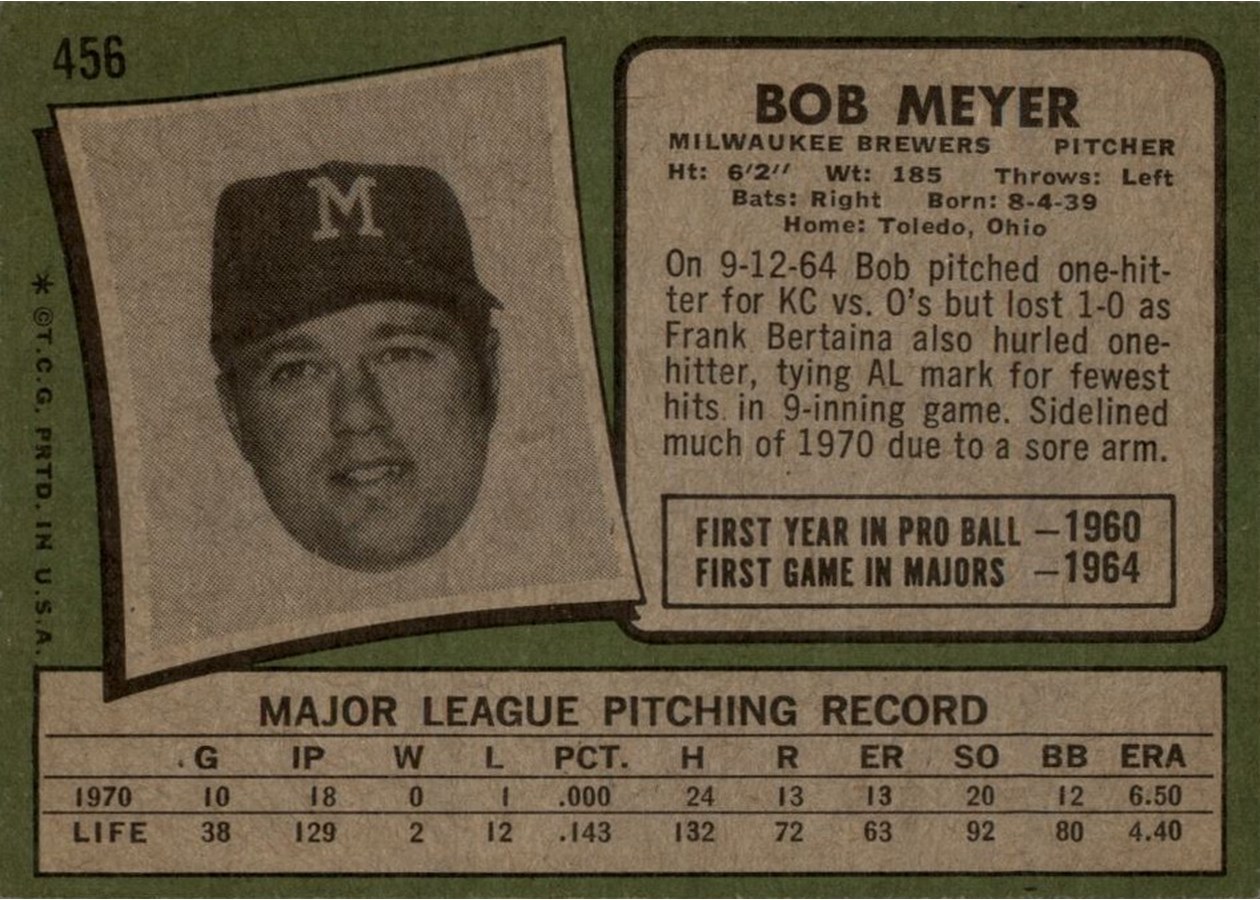 1971 Topps #456 Bob Meyer card back