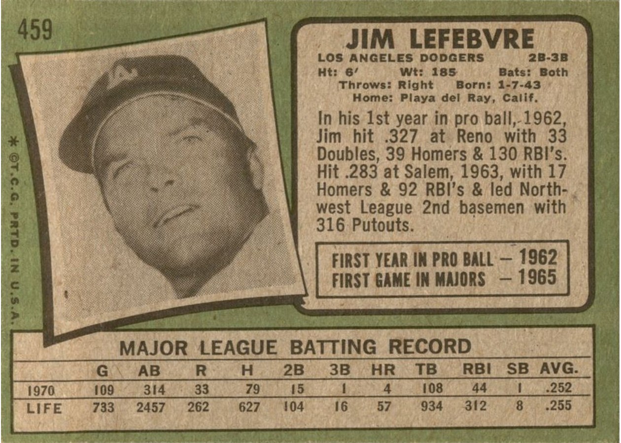 1971 Topps #459 Jim Lefebvre card back
