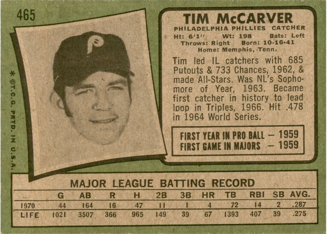 1971 Topps #465 Tim McCarver card back