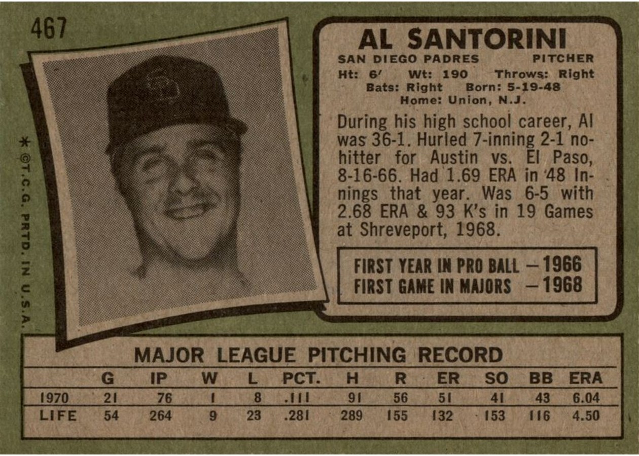 1971 Topps #467 Al Santorini card back