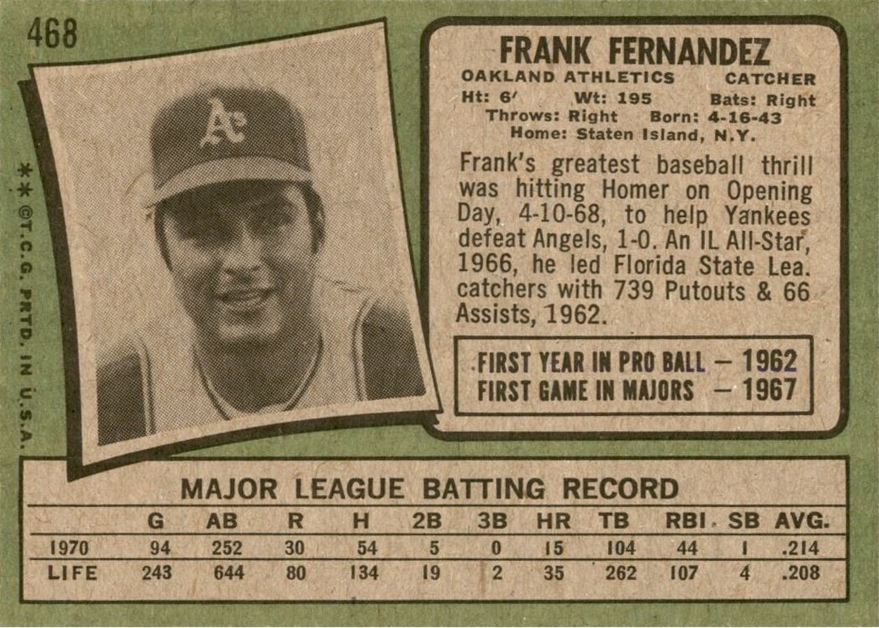 1971 Topps #468 Frank Fernandez card back