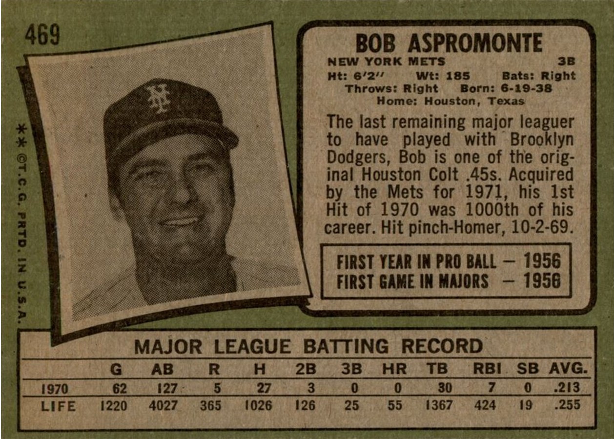 1971 Topps #469 Bob Aspromonte card back
