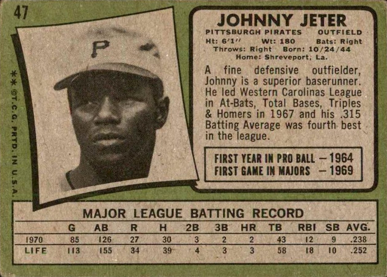 1971 Topps #47 Johnny Jeter card back