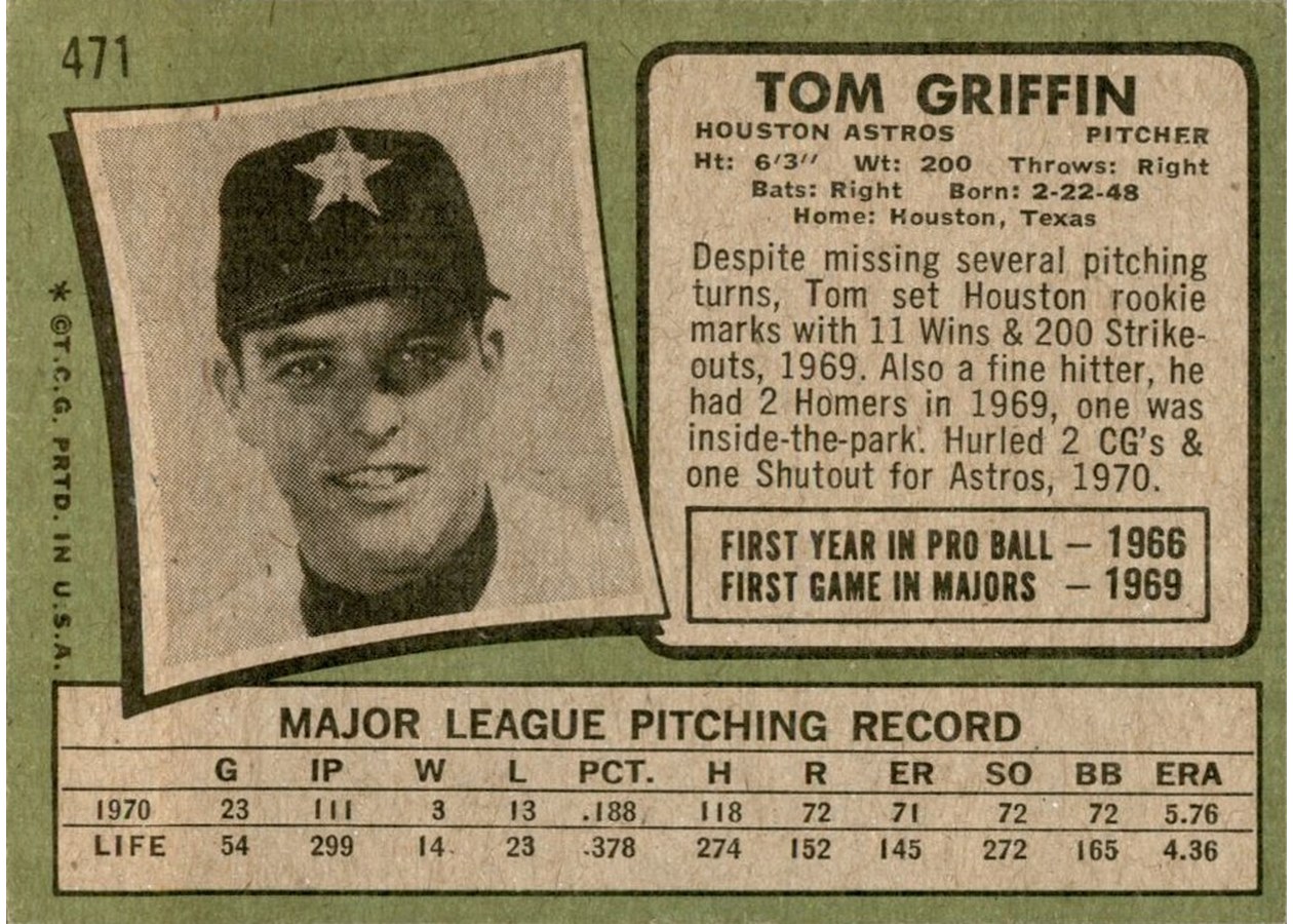 1971 Topps #471 Tom Griffin card back