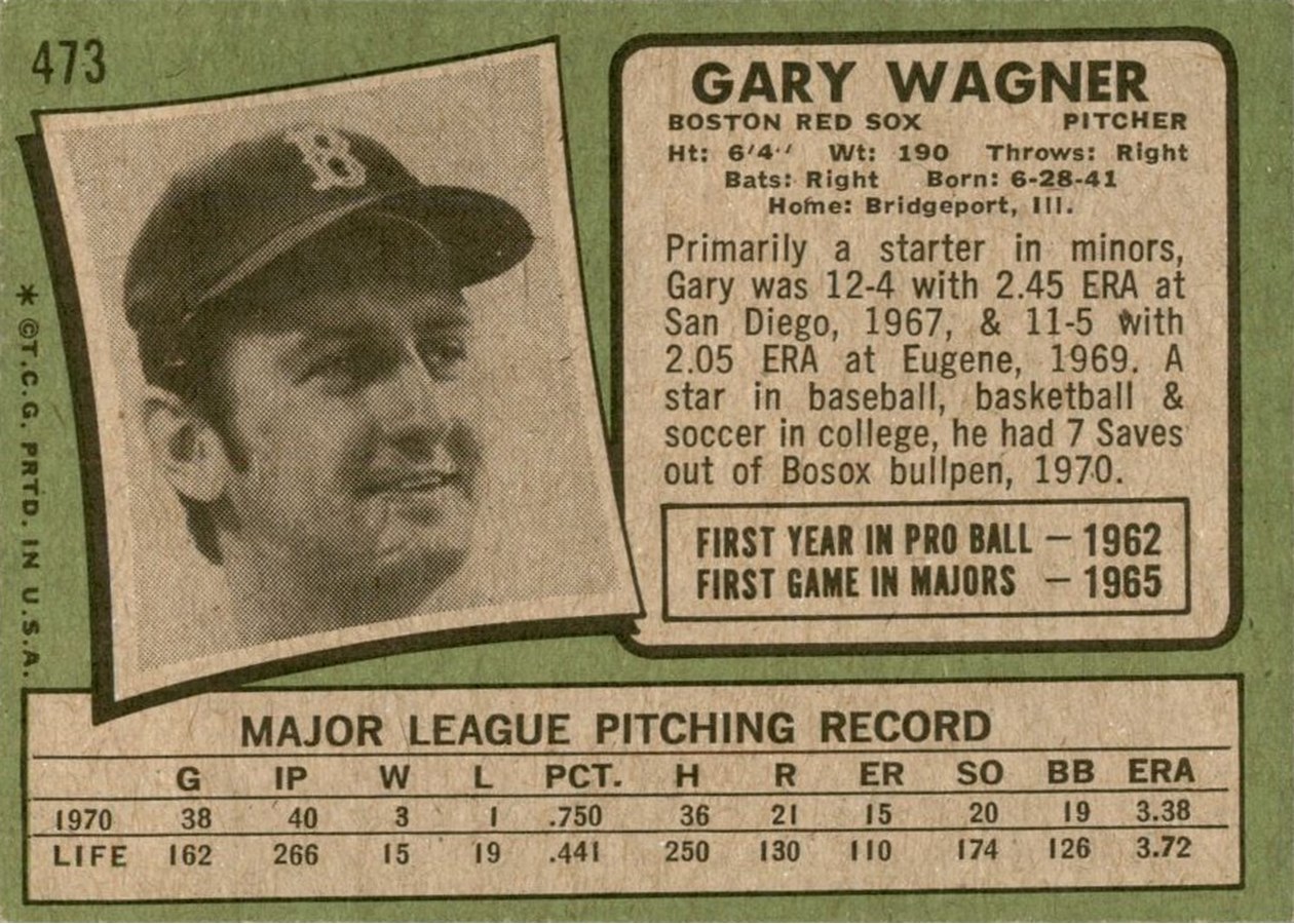 1971 Topps #473 Gary Wagner card back
