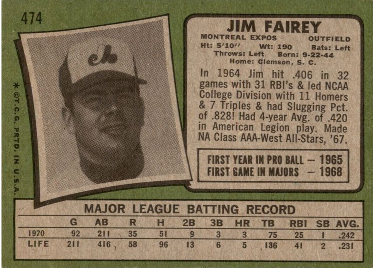 1971 Topps #474 Jim Fairey card back