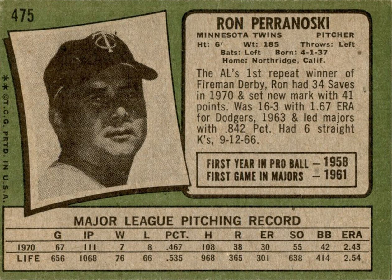 1971 Topps #475 Ron Perranoski card back
