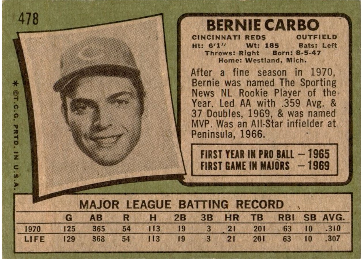1971 Topps #478 Bernie Carbo card back