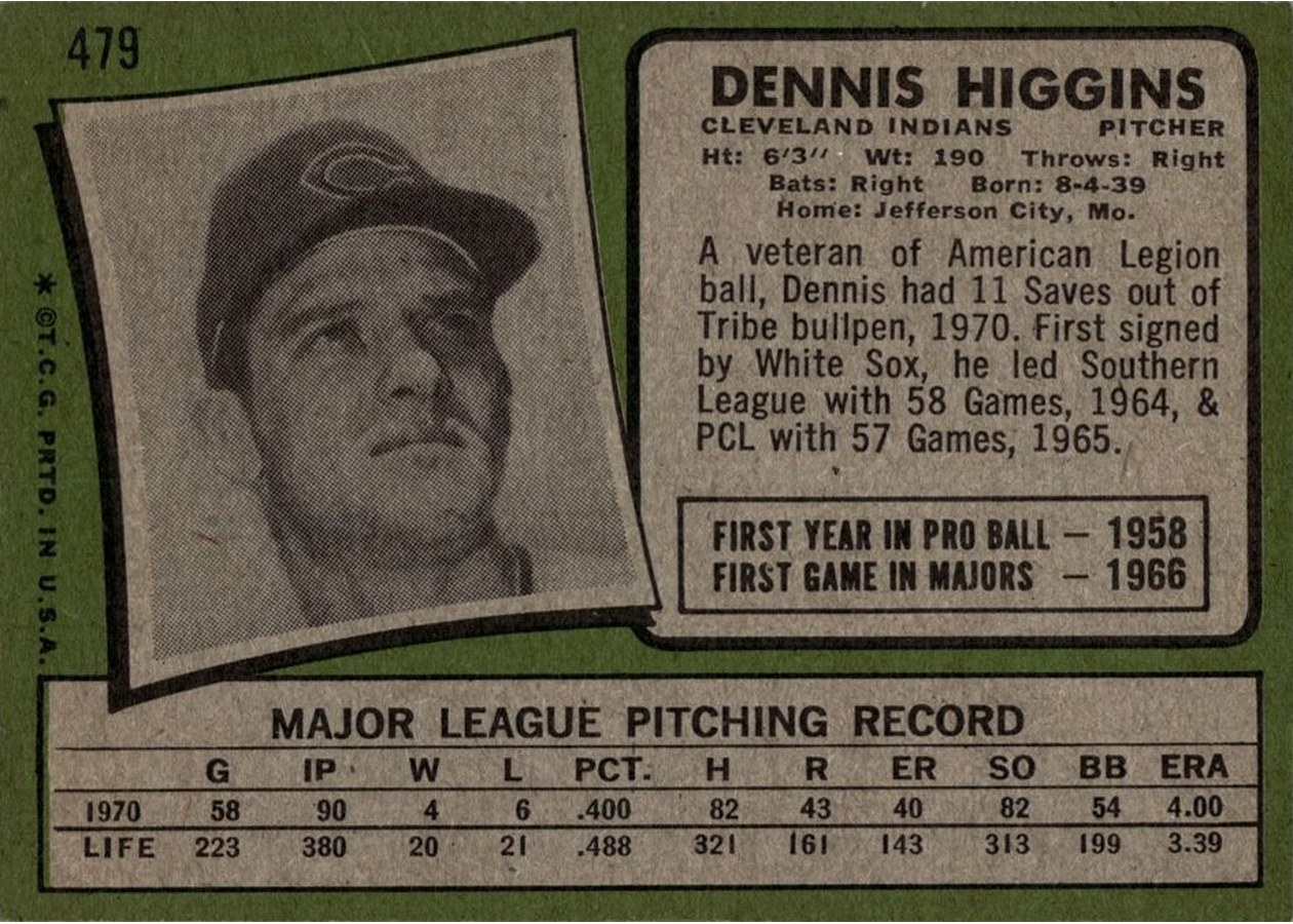 1971 Topps #479 Dennis Higgins card back