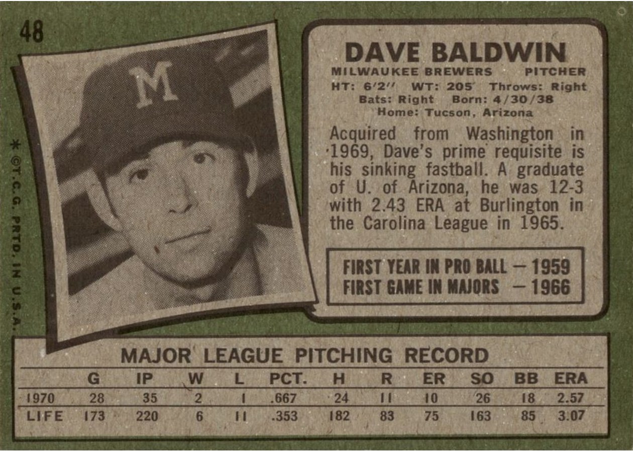 1971 Topps #48 Dave Baldwin card back