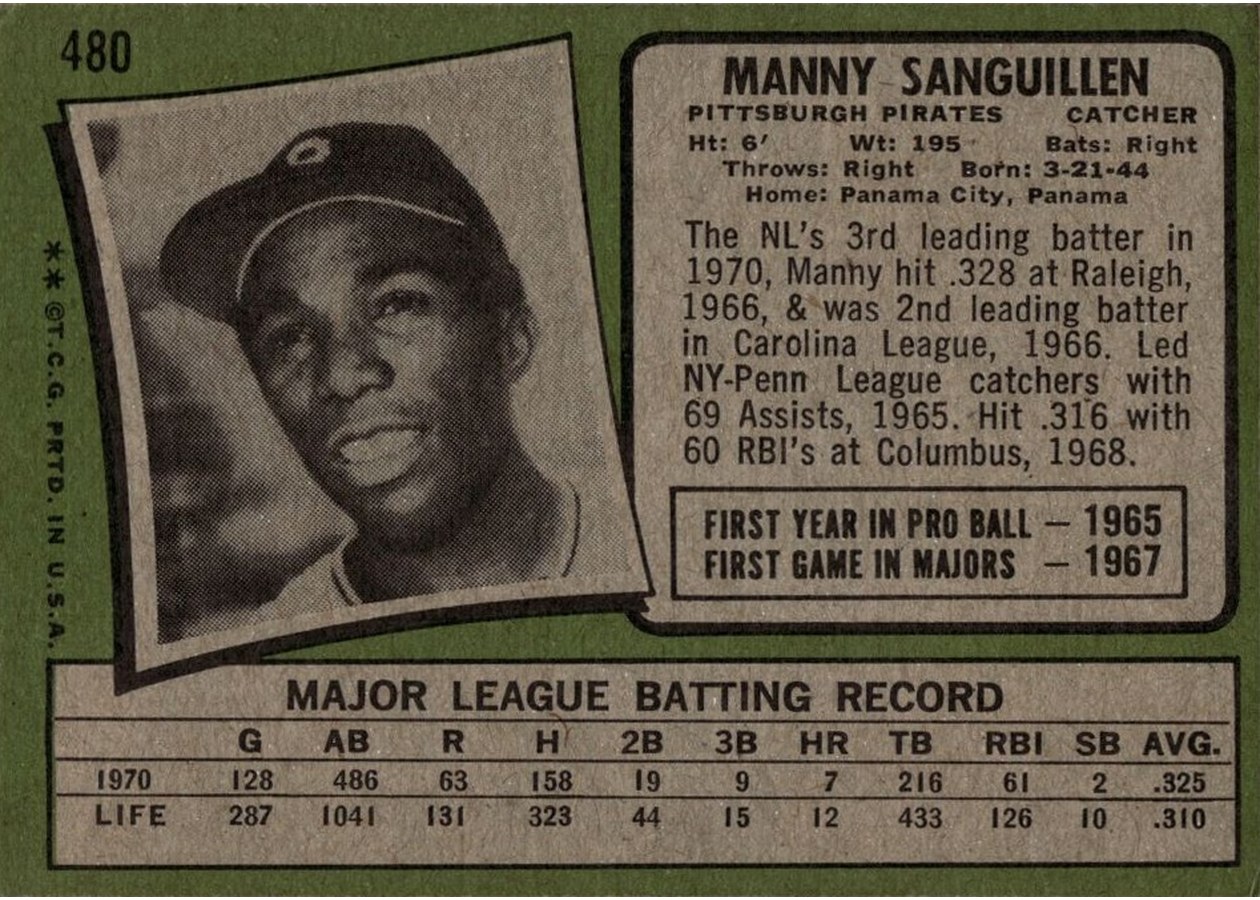 1971 Topps #480 Manny Sanguillen card back